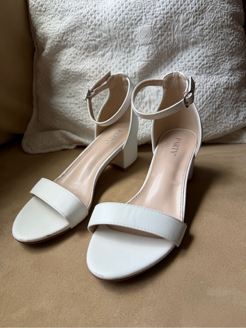 White Block Heel Ankle Strap Sandals - Size 7.5, “Party” Brand
